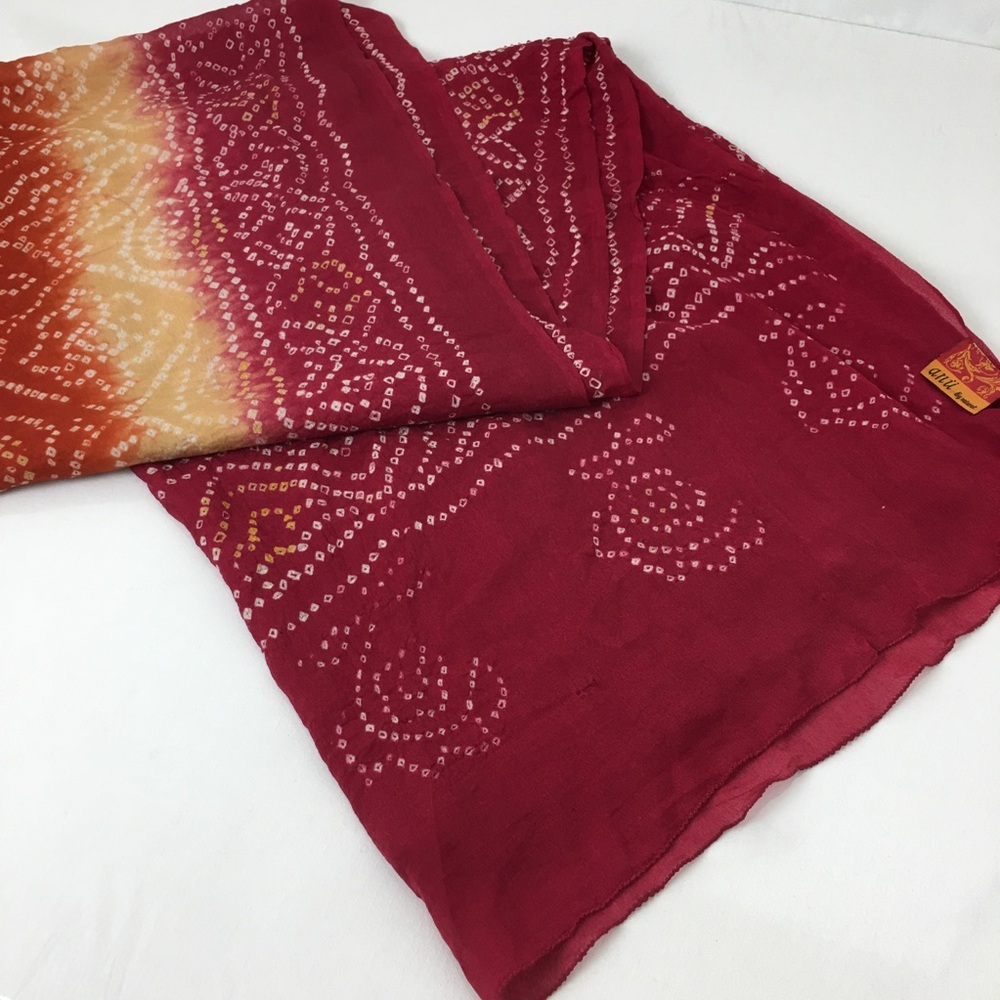 100% Silk Lightweight Saree Red Orange Tie Dye Indian Wrap Scarf Anu By Natural